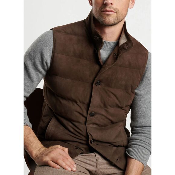PETER MILLAR Jacket Mens Medium Brown Button Up Vest 100% Suede CORDOVA $1495 - Picture 1 of 14
